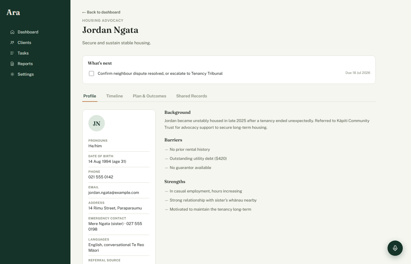Ara client profile showing background, barriers, and strengths for a support case.