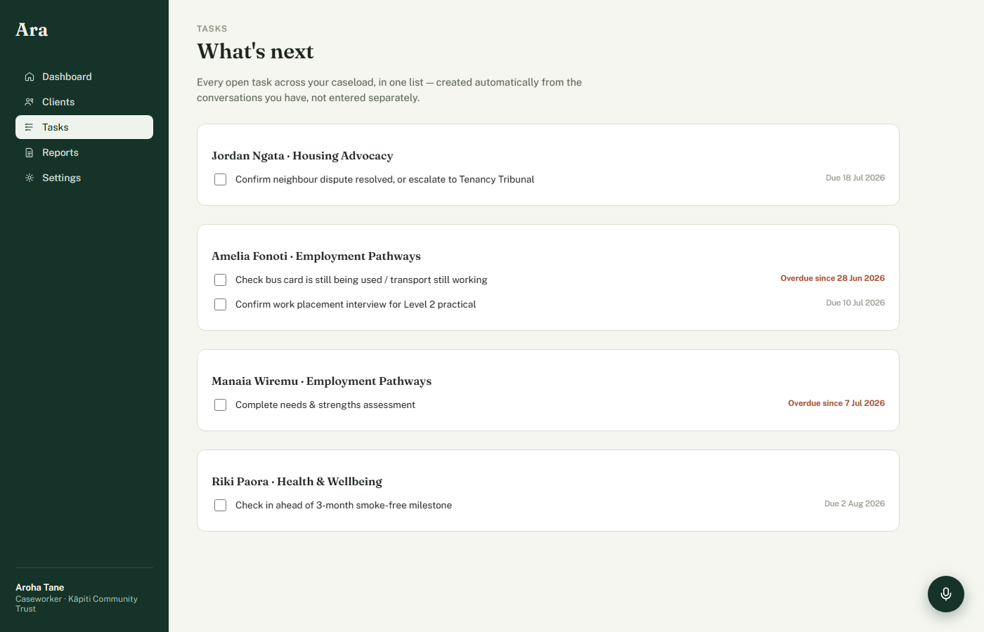 Ara tasks view listing every open task across a caseworker's caseload.